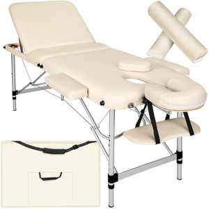tectake® Massageliege, klappbar, höhenverstellbar, Massagetisch mit 3 Zonen, Massagebank, Kosmetikliege inkl. Zubehör Tasche, Voll- und Halbrolle, Möbel für Kosmetik, Massage, Tattoo - beige