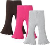 SOBOWO Toddler Baby Girl Flare Pants 3 Pack Solid Ribbed Ruffle Bell Bottoms Pants Fall Outfits(Coffee/Rose/Gray, 12-18 Months)