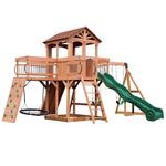 Backyard Discovery Sterling Point | 100% Cedar Wooden Swing Set | Outdoor Garden Climbing Frame for Kids | 1 Web Disc, 2 Belt Swings & Trapeze Bar with Wave Slide