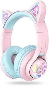 iClever Cat Ear Kids Bluetooth Headphones, LED Lights Up, 74/85dBA Safe Volume Limited, 50H Playtime,Bluetooth 5.2, USB C, Kids Headphones Wireless for Travel iPad Tablet, Meow Macaron Pink