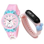 GOLDENIZE FASHION Waterproof Analog Digital Stylish Cartoon Multi Color Kids Disco Light Cute 3D Cartoon Character Girls Baby Girl Watch Lights Rubber Strap Analog Watch for Girls (Pink RABIT)