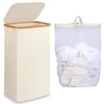 iEGrow Laundry Hamper with Lid,75L Collapsible Clothes Hamper for Laundry,Dirty Clothes Basket with Bamboo Handles & Removable Laundry Bag,for Bedroom, Bathroom, Dorm, Laundry Room, Beige