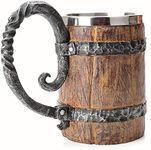 OTARTU Vintage Faux Oak Wood Barrel Beer Mug, Medieval Retro Viking Stainless Steel Coffee Cup Stein Tankard,17oz/500ML Cup Mug,Unique Gift