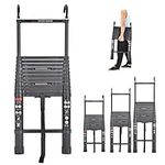 6.2M / 20.34FT Telescopic Extension Ladder with Detachable Hooks, Extendable Folding Aluminum Ladder for Home Indoor Outdoor DIY Projects, 330lbs Max Load, Weight 36LB, Black