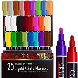 Crafts 4 All Liquid Chalk Markers For Blackboard Signs, Bistro Menu, Car Window Glass - Dry Erase, Washable - 25 Colored Chalk Pens w/Reversible Tips & Tweezers - Bonus White Chalkboard Marker!