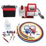 LuckyHigh HVAC A/C Refrigeration Kit including 1/4 HP 3.5CFM Single Stage Rotary Vane Air Vacuum Pump and R134a AC Manifold Gauge Set with Oil, Carry Bag, Tools for HVAC Air Conditioning Refrigeration Recharging