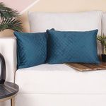 STITCHNEST Single Side Quilted Velvet Cushion Cover Set of 2 (12 X 18 Inches), Teal,200 TC