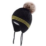 LANGZHEN Infant Cute Pompom Design Beanie Knit Warm Winter Hats for Toddler Baby Boys (Black,M,1-2 Year)