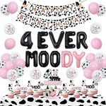 Balterever Cow 4th Birthday Party Decorations 4 Ever Moody Birthday Decorations Girl with Cow Happy Birthday Banner 4 Ever Moody Birthday Cake Cupcake Toppers Banner Cow Tablecloth for Cow Theme Party