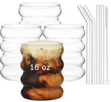 ALINK 16 oz Bubble Drinking Water Glasses Tumblers- Glass Cups Cute Ripple Shaped Vintage Ribbed Glassware- Cocktail,Soda, Juice, Coffee, Milk - Set of 4