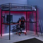 X-Rocker Icarus XL Gaming Bunk Bed with Desk, Single Loft Bed with Ladder and Open Shelves, Metal Frame High Sleeper Gaming Bed for Kids, Teens and Juniors Bunkbed 90x190cm Mattress Included - BLACK