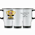 Hairyworm Personalised Travel Mug, 400ml White Stainless Steel Travel Mug with Handle, Customised with Photo and Text, to The Best Dad in The World' Trophy Design Print