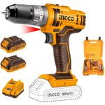 INGCO 20V Impact Drill Machines,with 47 pcs Drill Bits, Auto-lock Keyless Chuck, Spindle Lock Function, 45NM, 18+1+1, with 2 pcs Batteries and Fast Charger