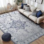 6x9 Large Office Rug Non-Shed Living Room Mat Machine Washable Rugs Oriental Printed Low Pile Floral Accent Carpet for Kitchen Entryway Bedroom(Blue,6x9ft)