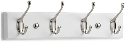 LARHN White Coat Hooks Wall Mounted Coat Rack - 4 Matt-Nickel Wall Hooks - 42 cm - All Fixings Included for Quick & Easy Installation