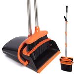 XXFLOWER Dustpan and Brush Sets,Long Handle Broom and Dustpan Set Foldable with Comb Teeth,Soft and Upright Sweeping Brush Set for Commercial Indoor Kitchen Stairs Sweeping Pet Dog Hair(Black Orange)