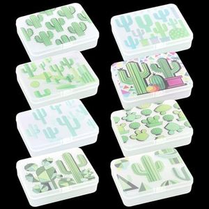Thintinick 8-Pack Rectangular Frosted Matte White Plastic Storage Containers Box with Cactus Image on Hinged Lid for Beads and Crafts, 4.5 x 3.3 x 1.1 inch / 115 x 85 x 28 mm