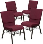 Flash Furniture 4 Pack HERCULES Series 18.5''W Church Chair in Burgundy Patterned Fabric with Book Rack - Gold Vein Frame