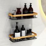 Plantex Aluminium Bathroom Shelf for Wall/Self Adhesive Stand for Kitchen with Golden Railing & Magic Stickers/Bathroom Accessories Items (12x5 inches, Gold & Black) - Pack of 2