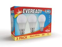 Eveready Bayonet Light Bulb 60w, B22 LED Bulbs Warm White 2700K, LED BC Energy Saver Bulb, 806 Lumen, Non-Dimmable, 3-Pack