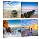 Wieco Art Seaview Sea Beach Canvas Prints Wall Art Large Modern 4 Panels Seascape Giclee Paintings Pictures Stretched and Framed Landscape Artwork Ready to Hang for Home Decorations