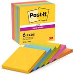 Post-it Super Sticky Notes, Stick Longer Without Falling, 76 mm x 76 mm, 6 Pads, 540 Sheets, Yellow, Blue, Green, Pink, Orange Colors - Self-Sticking Notes for Walls, Monitors and Fridge