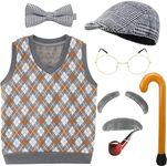 EBYTOP 100 Days Of School Old Man Costume for Kids Boys, 100th Day Dress up Accessories Grandpa Hat Glasses,Old Person Mustache and Eyebrows Cane Prop,4-6 Years