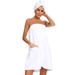 Women's Body Wrap Robe Super Absorbent Soft Spa Beach Pool Shower Drying Towel Bathrobe Travel Swim Bath Dress + Hair Drying Cap, S, White