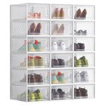 SONGMICS Shoe Boxes, Pack of 18 Stackable Shoe Storage Organisers, Foldable and Versatile for Sneakers, Fit up to UK Size 9.5, Transparent and White LSP18SWT