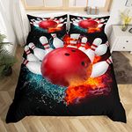 Erosebridal Bowling Party Duvet Cover for Kids Boys Girls,Bowling Ball Bedding Set King Size,Water and Fire Frame Comforter Cover Bedroom Decor,Sports Ball Game Bed Cover with 2 Pillowcases