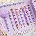 WEMATE 8Pcs Ballpoint Pens Set Purple Pens Set Purple Ballpoint Pen Bling in Black & Blue Ink Metal Crystal Diamond Pen for Journaling Glitter Fancy Pens Gifts for Women Wedding Office