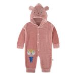 Bold N Elegant Cartoon Bear Warm Winter Fur Wool Full Sleeve Footless Baby Romper with Hood, Front Button Bodysuit for Newborn Infant Baby Boy Girl (Pink, 0-6 Months)