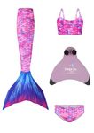 Planet Mermaid Kids Deluxe Set Vivid Colour Mermaid Tail Swimming Costume for Girls. Includes Swimming Aid Pink Magic Fin, Tail, Tankini Top & Briefs. Ocean Kiss, 8-9 Years