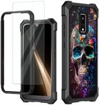 for Blu View 4 Case with Tempered Glass Screen Protector, Support Wireless Charging Dual Case with 4 Reinforced Corner Full Body Protective Case for Blu View 4 Phone Case, Flower Skull Butterflies