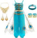 Windskids Princess Jasmine Costume Girls Princess Dress Fancy Dress Film Aladdin Belly Dance Tulle Evening Dress for Children Cosplay Christmas Fancy Dress Halloween Birthday Party Dress 3-9 Years