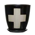 Creative Co-Op Stoneware Planter with Saucer & Wax Relief White Swiss Cross, Black (Holds 4" Pot) (Each Will Vary)