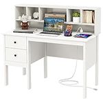 Tangkula White Computer Desk with Storage Drawers & Bookshelves, Modern Home Office Desk Writing Study Desk with Hutch, Laptop Desk w/Storage Compartments, Computer Workstation Makeup Vanity Desk