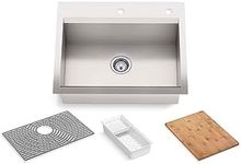KOHLER Task Kitchen Sink, Stainless Steel Dual Mount Single Bowl, 27" Workstation Sink, 2 Hole Faucet, K-80086-2PC-NA