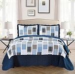 Mk Collection 3pc King/California King Oversize Reversible Quilted Bedspread Set Striped Squares Navy Blue White Gray New