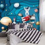 YIHWM -Kindergarten Children Galactic Planet Fabric Wallpaper Living Room Bedroom Boys Girls Children Cartoon Astronauts Large Mural- 137"x96"（ not Peel and Stick）