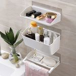 HOKIPO Magic Sticker Self-Adhesive 3 Tier Plastic Bathroom Organizer Shower Caddy with Towel Rail (White)