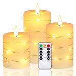 Upinmz Flameless Candle Battery with String of Lights Battery Powered LED Candle Flashing Candle with Remote Control and Timer 3 Packs (Ivory)