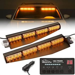 BooYu 32 LED Visor Emergency Strobe Light Bar w/ Digital Display Controller, Windshield Traffic Advisor Dash Mount Warning Strobe Flashing Lights for Police Firefighter Vehicles Trucks (Amber,2W/LEDs)