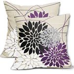 Black Purple Pillow Covers 18x18 Dahlia Flower White Gray Elegant Colored Throw Pillows Farmhouse Outdoor Decor for Home Living Room Sofa Bed Modern Floral Linen Square Cushion Case, Set of 2