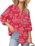 Zeagoo V Neck Cotton Tops for Women Lady's Red Linen Shirts Summer Printed Blouses Red Boho