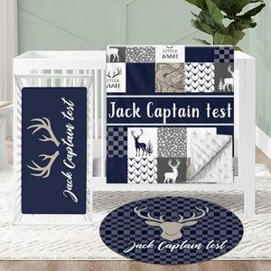 KAINSY Personalized Crib Bedding Set, 3 Pcs Custom Name Baby Crib Set for Infants Toddlers, Double Layer Baby Bedding Set for Boys Girls, Deep Blue Woodland Deer Nursery Bedding Set Customized Gifts