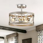 peskoe Modern Ceiling Light, 13'' Farmhouse Chandelier for Kitchen Bedroom Drum Rustic Pendant Lighting Fixture, 3-Light Nickel + Wood Grain Metal Round Hanging Lamp for Dining Living Room Hallway