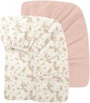 100% Organic Cotton Baby Crib Sheets Muslin 52x28 Inches 2 Pack Soft Fitted Crib Mattress Sheet for Baby Girls, Boho Toddler Bed Sheets Fits Well Standard Size Crib Mattress 28x52 Inches Floral & Pink