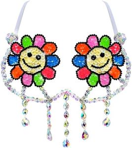 Neva Nude Daisy Delights Smiley Blacklight Crystal Carnival Bra for Raves and Festivals, Adjustable, Handmade in USA (Medium)