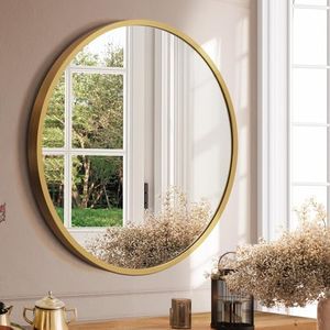 Furb Round Wall Mirror, 60cm Circle Vanity Mirror, Metal Frame Mirror for Living Room, Bathroom, Hallyway (Gold)